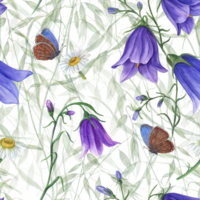 Blumen- nahtlos Muster von Glockenblume, wild Hafer, Gänseblümchen, fliegend Blau Schmetterlinge. Aquarell Hand gezeichnet Illustration zum Poster, Scrapbooking, Einladungen, Drucke, Hintergrund, Stoff, Textil, Verpackung. png