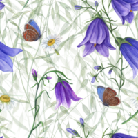 floreale senza soluzione di continuità modello di campanula, selvaggio avena, margherita, volante blu farfalle. acquerello mano disegnato illustrazione per manifesto, scrapbooking, inviti, stampe, sfondo, tessuto, tessile, avvolgere. png