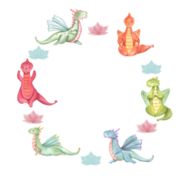 Round frame with of stylish cartoon Dragons in various poses of yoga. Animal meditation. Colored Dragons practicing fitness exercises. Watercolor illustration for yoga center, spa, label, poster png