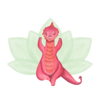 Red dragon meditating and practicing Vrikshasana. The background of abstract waterlily flower. Animal practicing fitness exercises. Watercolor illustration. For design png