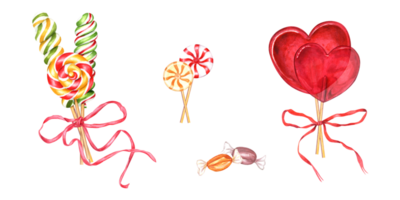 Bouquet of candies in the shape of heart, spiral lollipops, sugar caramel on stick with bows. Bonbons with striped swirls, colored ribbons with bow for decoration. Watercolor illustration png