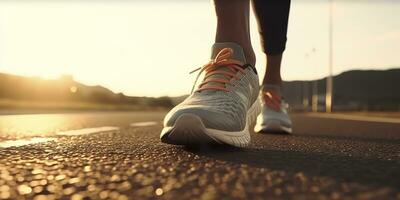 Close up on the shoe, Runner athlete feet running on the road under sunlight in the morning. AI Generative photo