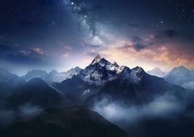 The milky rising in the night sky over the mountains, landscapes, AI Generative photo