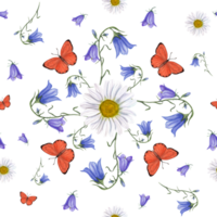 Watercolor seamless pattern of daisy, harebells and bright butterflies. For greeting card design, invitation template, prints, wallpaper, fabric, textile, wrapping. png