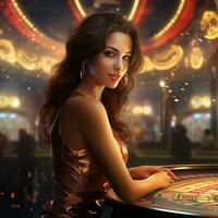 fotorrealista imagen de un hermoso, lujo niña en un casino. juego con ruleta y tarjetas ai generado foto
