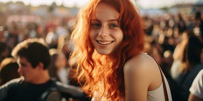 fotorrealista imagen de un joven rojo cabello niña a un festival. sonriente irlandesa niña riendo y divertida. ai generado foto