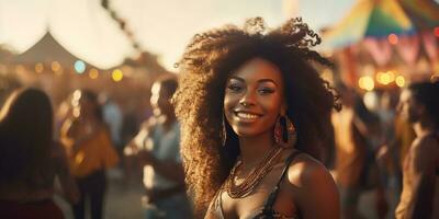 photorealistic image of a young African American girl at a festival. smiling dark skin girl laughing and fun. AI generated photo