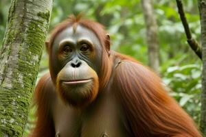 Portrait orangutan on the forest. AI Generative Pro Photo