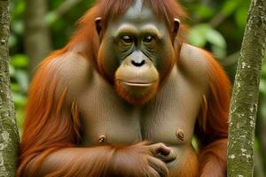 Portrait orangutan on the forest. AI Generative Pro Photo