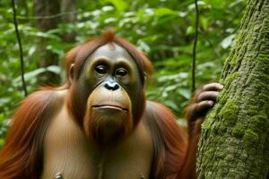 Portrait orangutan on the forest. AI Generative Pro Photo