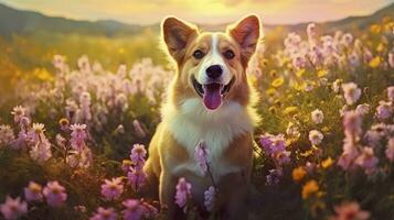 Charming corgi dog with flowers in the spring. Generative AI photo