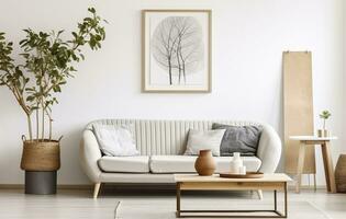 Boho open space interior in a cozy apartment with a design. Generative AI photo
