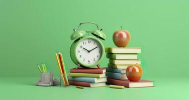 Pop art illustration of School accessories with apples, books, and an alarm clock on the School background. Back to school concept. 3D Rendering, AI Generative photo