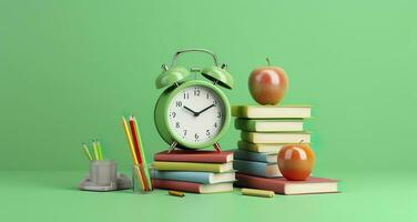 popular Arte ilustración de colegio accesorios con manzanas, libros, y un alarma reloj en el colegio antecedentes. espalda a colegio concepto. 3d representación, ai generativo foto