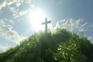 The cross of God with green Leaf, in the rays of the sun and blue sky. Cross on the hill with green trees and graeen natural view. Religious concept, AI Generative photo