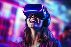 portrait of a smiling woman in casual clothes wearing Virtual Reality glasses, and playing, neo light, blurred neo color background, AI Generative photo