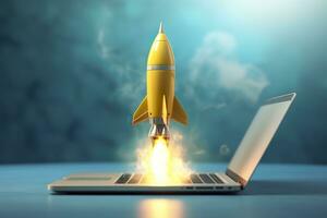 Launching a new product or service. Technology development process. Space rocket launch. 3d render. Yellow rocket lift up from the display laptop. AI Generative photo