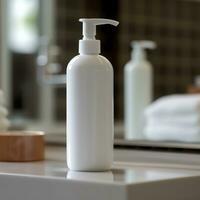 A white bottle of shampoo stands on the table in bathroom. AI Generative photo