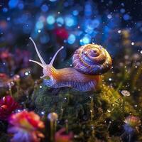 Iridescent Snail in a Fairy Forest, Close Up of a Shimmering Shell. AI Generative photo