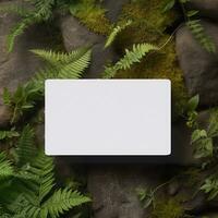 Blank business card on green leaves background. Generative AI photo