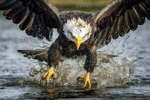 pescar calvo águila, un calvo águila frente a cámara capturas un pescado fuera de el agua, en el estilo de nacional geográfico concurso ganador, súper telefotográfico cerca arriba. ai generativo foto