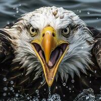 pescar calvo águila, un calvo águila frente a cámara capturas un pescado fuera de el agua, en el estilo de nacional geográfico concurso ganador, súper telefotográfico cerca arriba. ai generativo foto