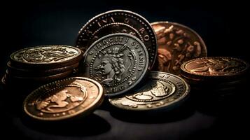 ancient coins on black background. Generative AI photo