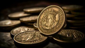 ancient coins on black background. Generative AI photo