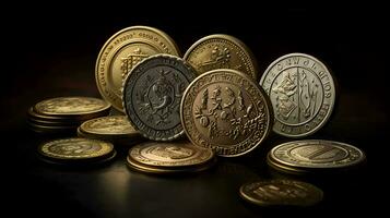 ancient coins on black background. Generative AI photo