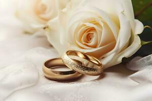 Wedding rings on a background of white roses. Marriage concept. photo