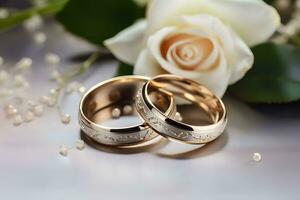Wedding rings on a background of white roses. Marriage concept. photo