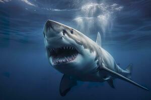 The King of the Ocean, The Great White male shark Hunter underwater view, Guadalupe island, Mexico. AI Generative photo