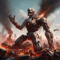 Rogue Automaton Unleashed, Apocalyptic Imagery of Global Havoc Caused by AI Rebellion. AI Generated photo