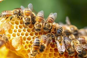 miel abejas en panal en colmenar en Hora de verano, miel abejas comunicar con cada otro, ai generativo foto