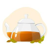 Glass teapot with tea leaves. Transparent glass teapot. Glass tea kettle for boiling water, tableware for tea ceremony at home. Healthy drinks concept vector