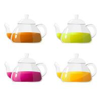 Set glass teapots with different tea. Transparent glass teapots. Healthy drinks concept vector