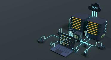 Computer technology 3D illustration. Computation of big data center. Cloud computing. Online devices upload and download information. Modern 3D illustration. 3D rendering photo