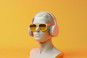 mínimo escena de Gafas de sol y auriculares en humano cabeza escultura, música concepto, 3d representación. ai generativo foto