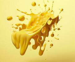 Cheese sauce splashing in the air with cheddar cheese, 3d rendering. Generative AI photo