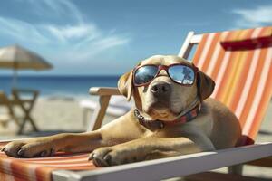 Dog Puppy wearing sunglasses, lying on a sunbed to sunbath at the beach sea on summer vacation, holidays. Funny concept. AI Generative photo