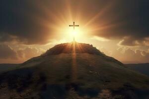 The cross of God in the rays of the sun. Cross on the hill. Religious concept. AI Generative photo