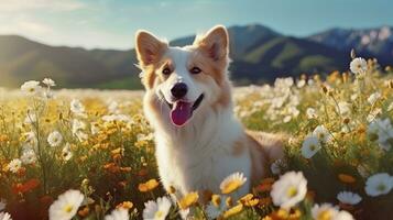 encantador corgi perro con flores en el primavera. generativo ai foto