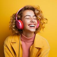 photorealistic image of a beautiful girl listening to music on headphones. young beautiful girl fun. AI generated photo