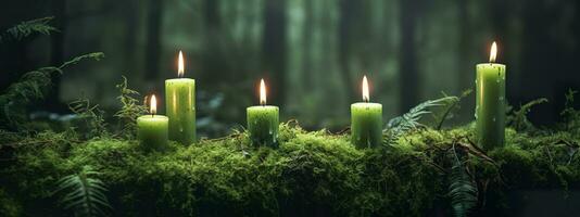 Burning candles on moss, dark green blurred the natural background. Magic candle. Generative AI photo