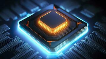 Top View of a Chip with Glowing Light and Fog in Orange and Blue. AI Generative photo