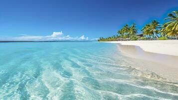 Tropical paradise beach with white sand and crystal clear blue water. Beautiful natural summer vacation holidays background. Travel tourism wide panorama background concept. AI Generative photo