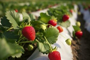 Bush of ripe organic strawberries in the garden. Berry closeup. Generative AI photo