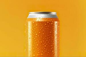 Can of fresh soda with water drops on orange background, closeup. Generative AI photo