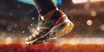 Runner feet running on a stadium, closeup on feet, sports background, space for copy, AI Generative photo