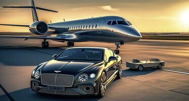 Super car and private jet on landing strip. Business class service at the airport. Business class transfer. Airport shuttle, AI Generative photo